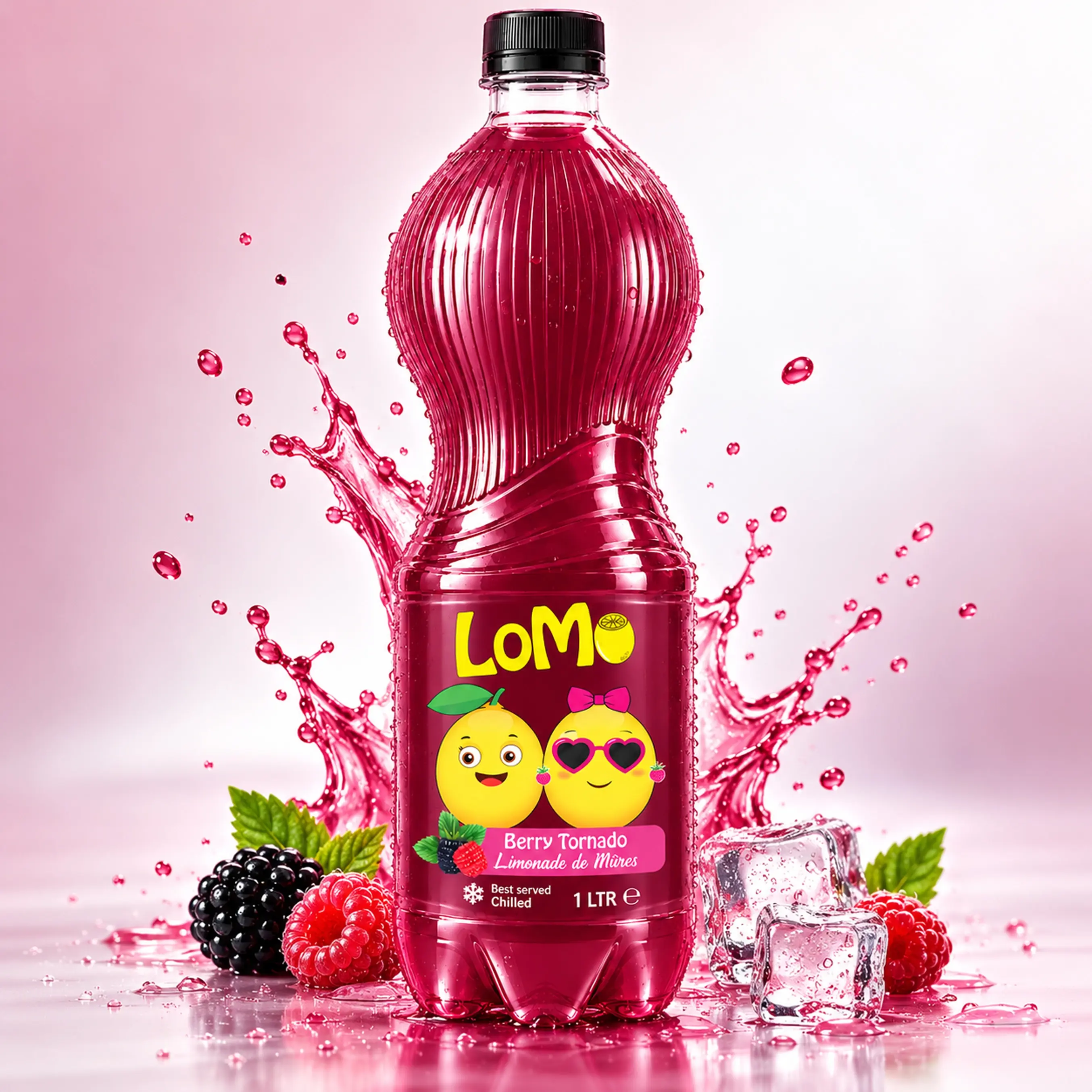 LOMO Berry Tornado 1L lemonade bottle with raspberries, blackberries, ice cubes and berry splash.